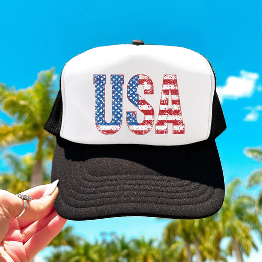 Distressed Red White and Blue USA Classic 5 Panel Mesh Snap Back Trucker Hat