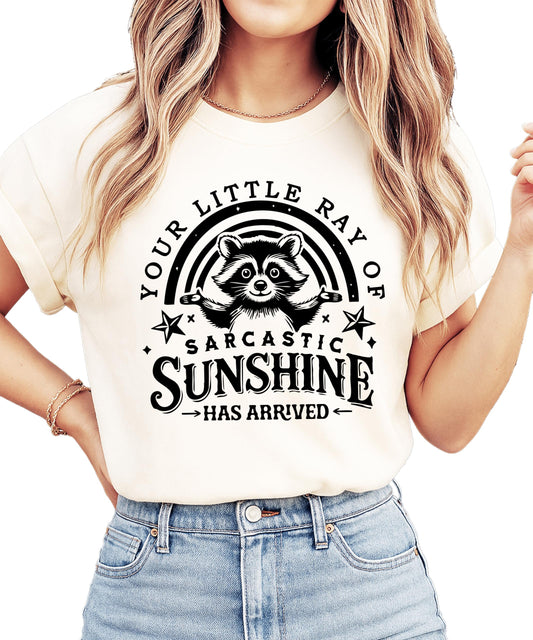 Close-up view of raccoon graphic design with Your Little Ray of Sarcastic Sunshine text