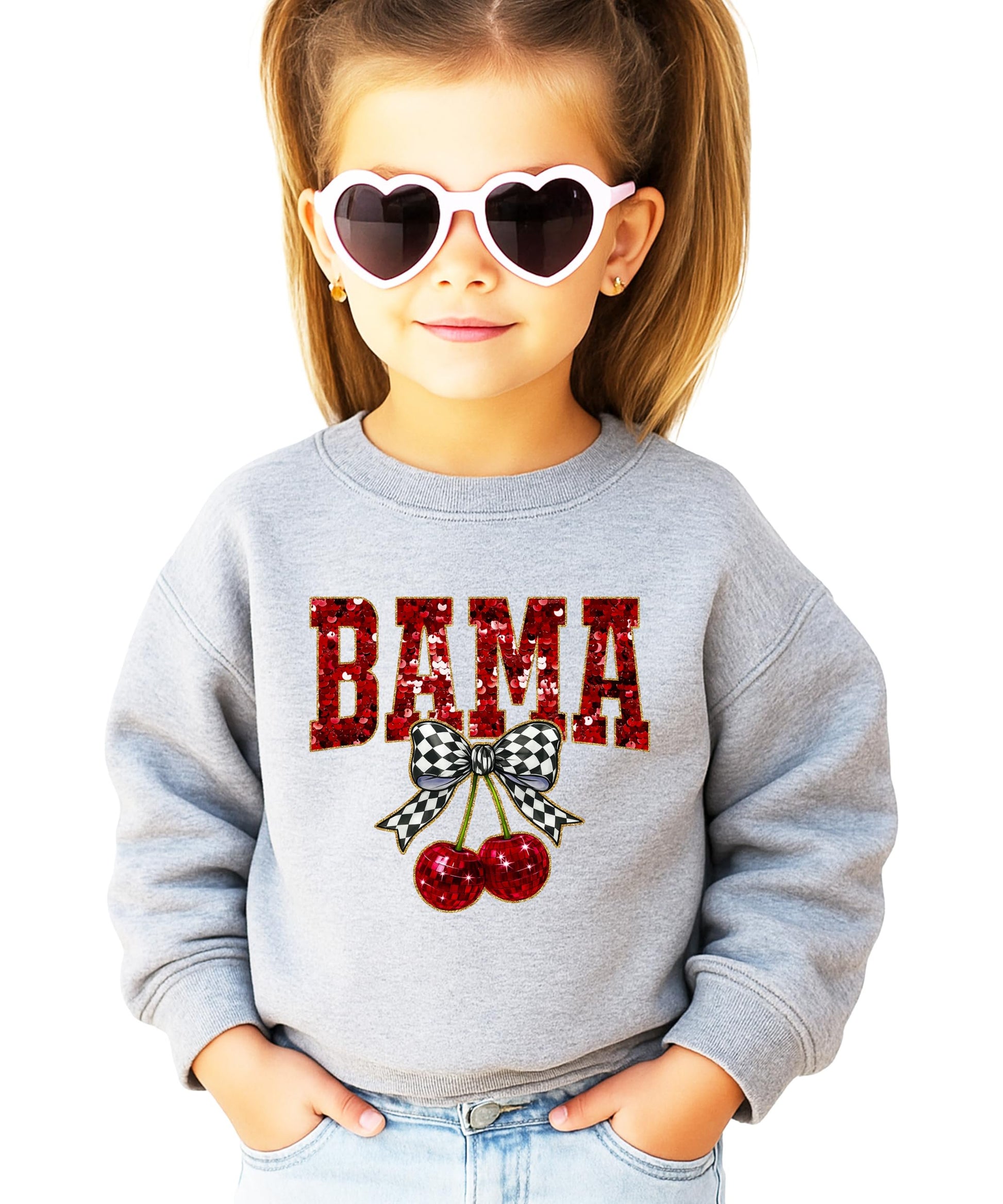 Teen wearing Alabama BAMA graphic crewneck sweatshirt in white with bold red sequin-style lettering