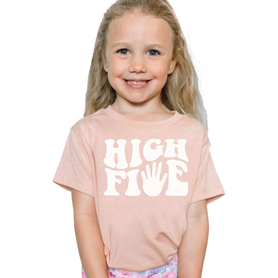 High Five 5th Birthday shirt for kids in purple shown front view with groovy retro design
