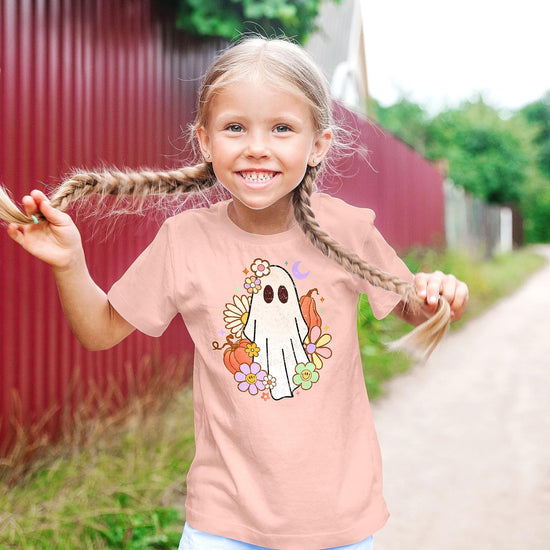 Side or detail view of groovy ghost toddler Halloween shirt in purple