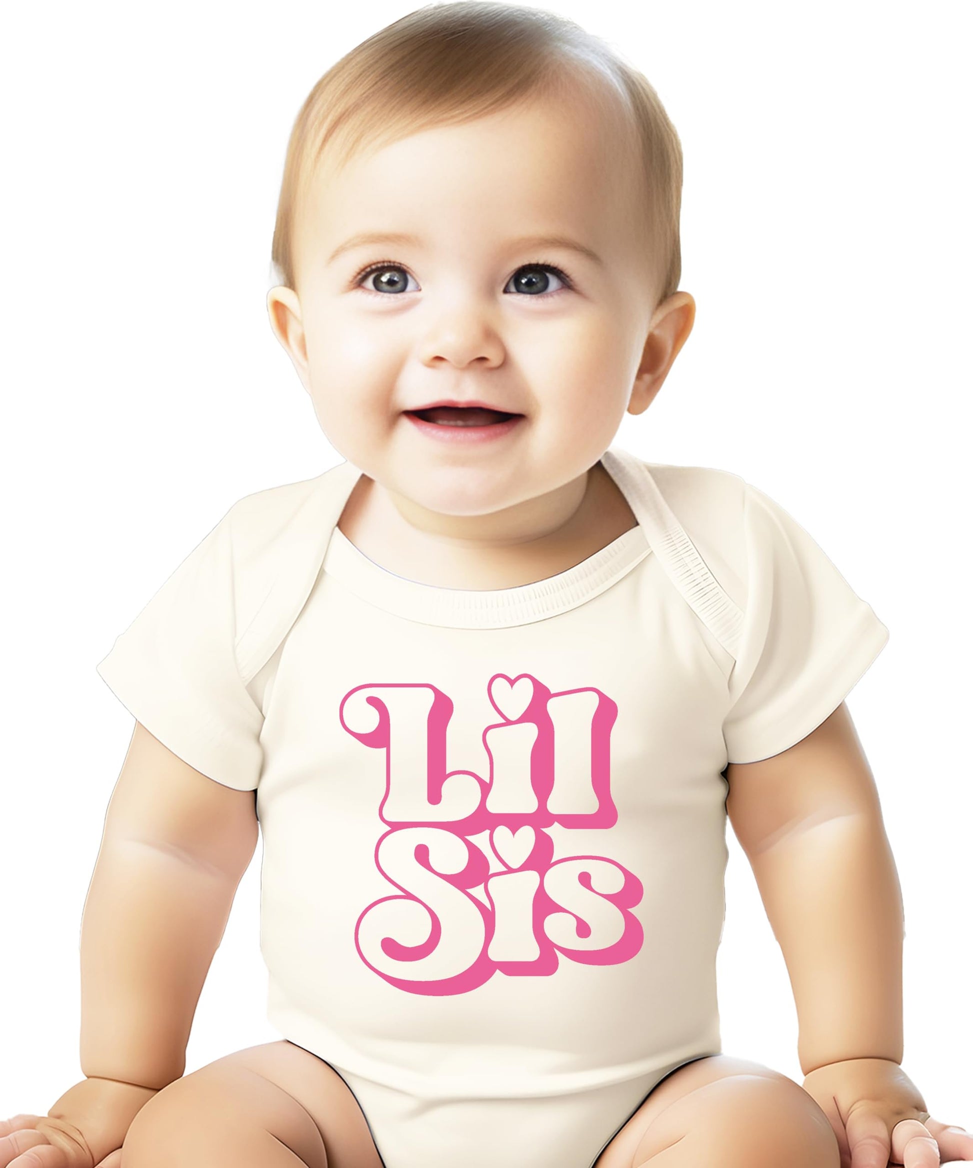 Natural snap bodysuit with retro pink 'Lil Sis' lettering for newborn baby girls