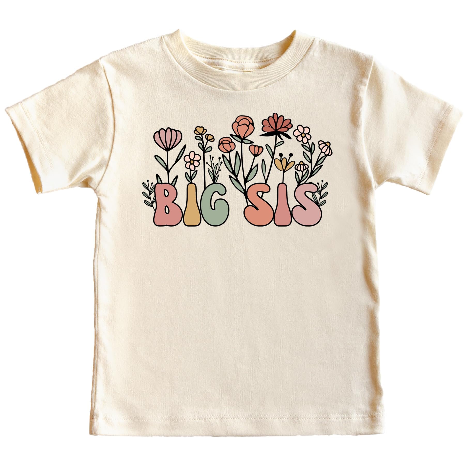 Toddler girl wearing a natural color floral big sister graphic tee with colorful lettering