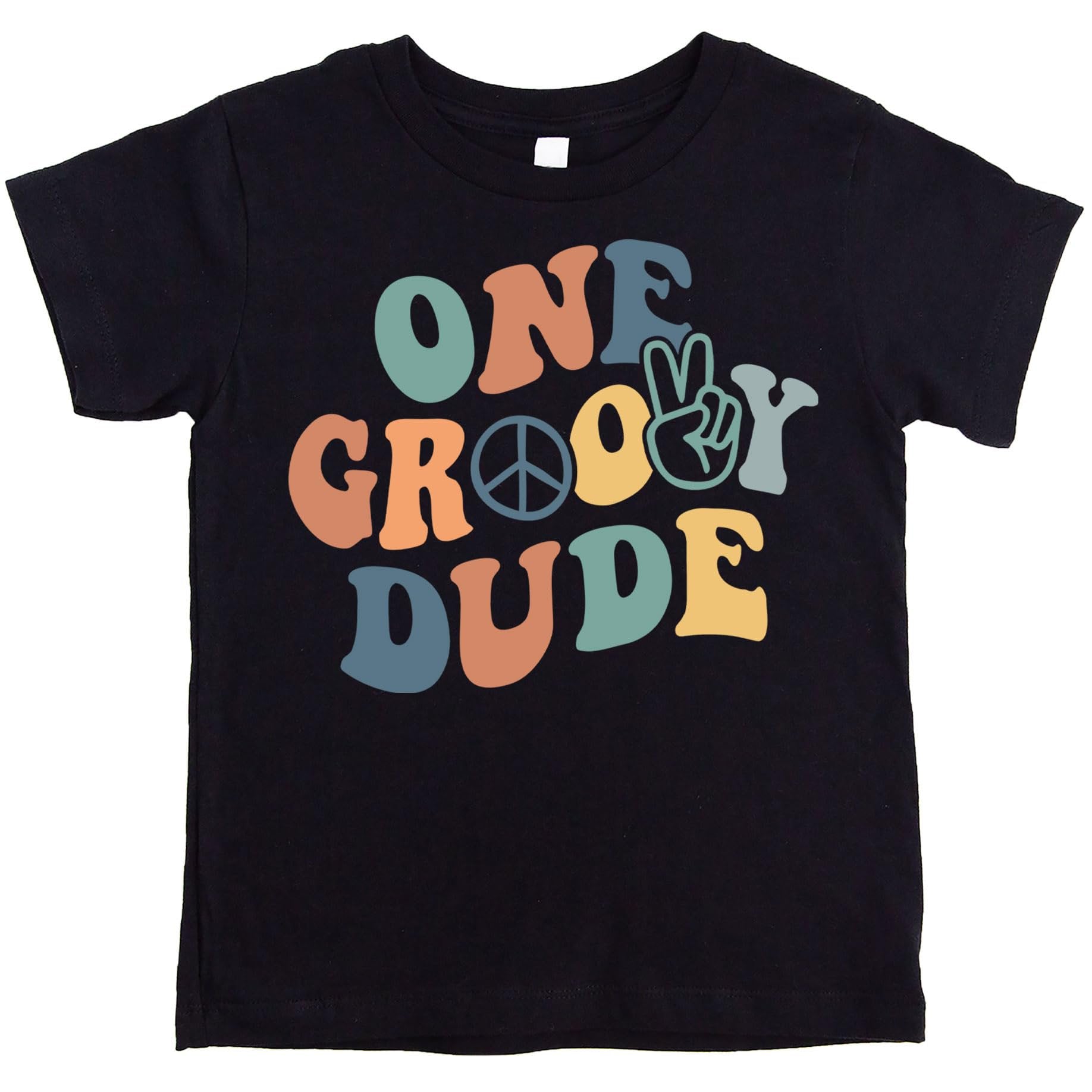 Baby boy wearing a natural groovy one first birthday shirt with retro peace sign graphic