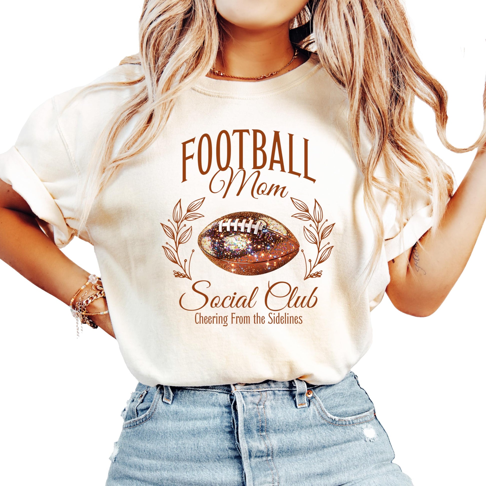 Seafoam oversized tee with faux glitter Football Mom Social Club graphic print for women