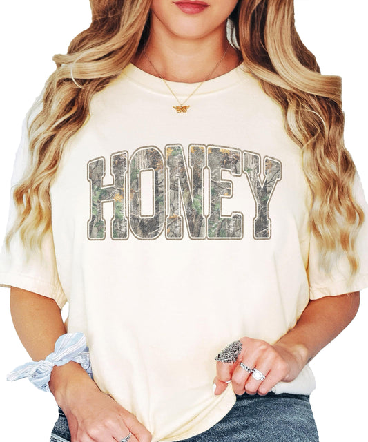 Honey Camo Shirt for Women - Country Hunting Graphic Tee Southern Deer Season Camouflage T-Shirt