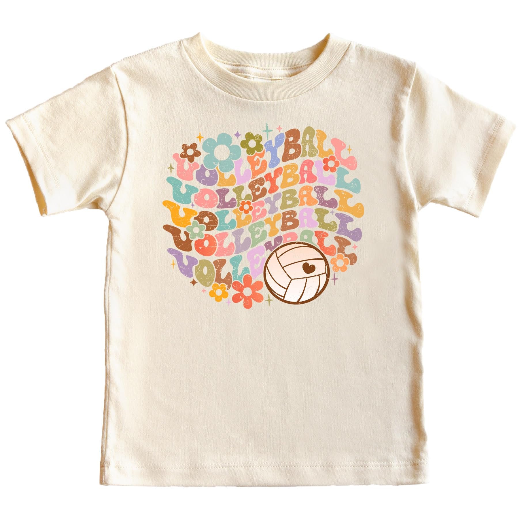 Kids and adult groovy volleyball shirt laid flat showing full graphic print