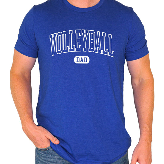 Side view of man modeling gray Volleyball Dad varsity font t-shirt