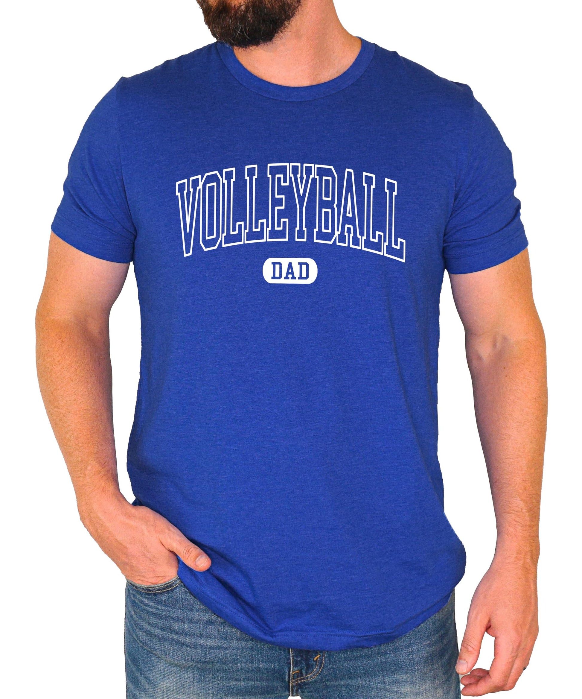 Side view of man modeling gray Volleyball Dad varsity font t-shirt