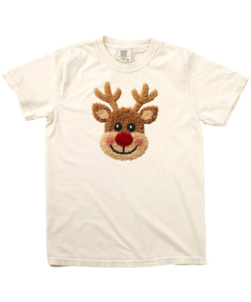 Ink Printed Image NOT a Yarn Patch - Trendy Reindeer Christmas Shirt for Kids and Adults Holiday Tee
