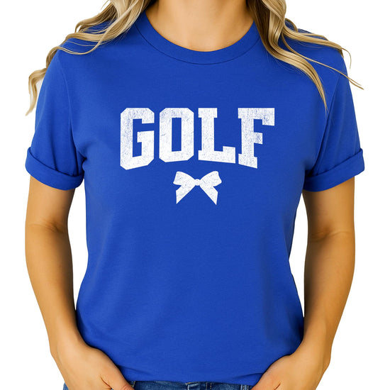 Women's girly golf bow t-shirt with distressed graphic print, front view