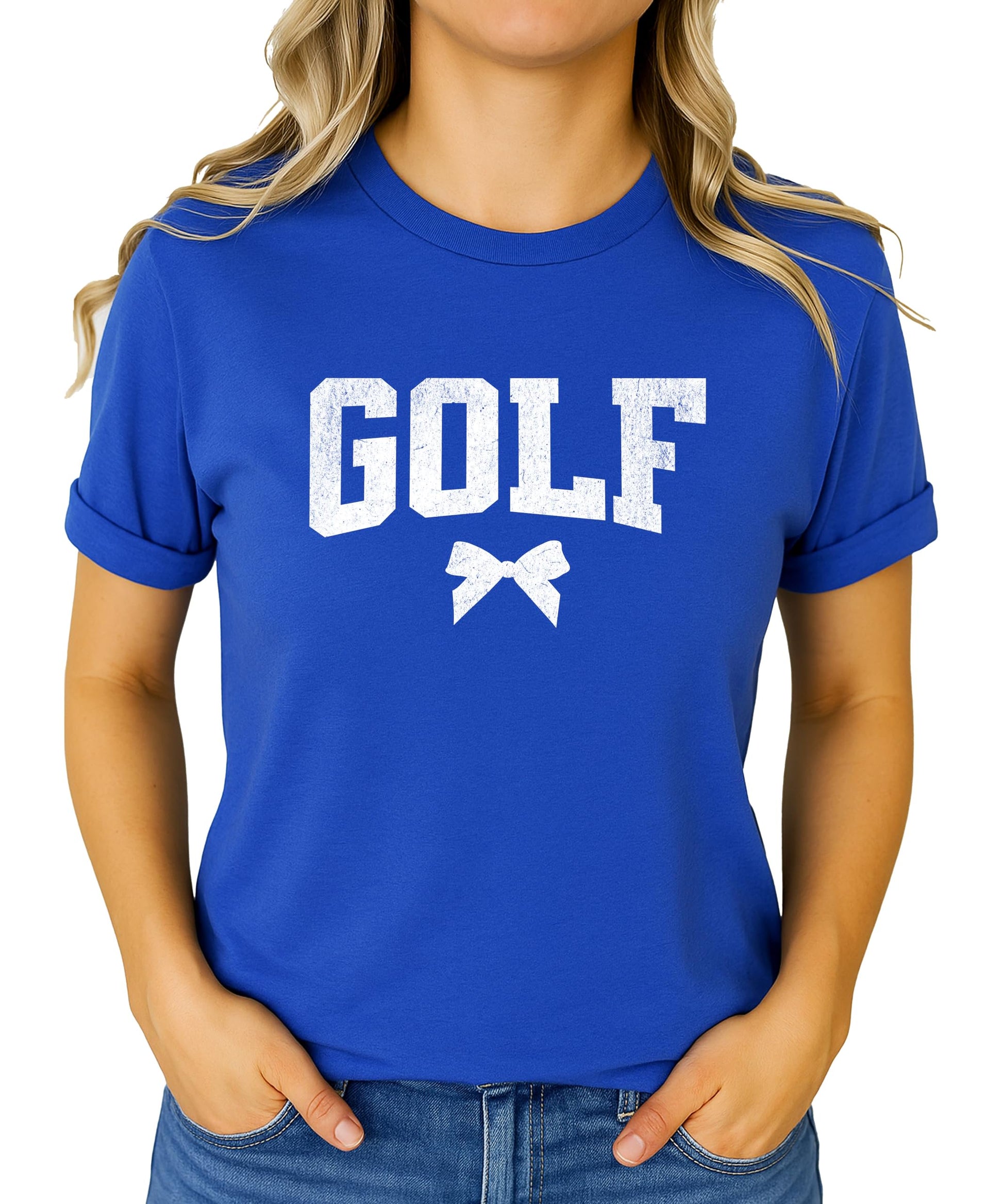 Women's girly golf bow t-shirt with distressed graphic print, front view