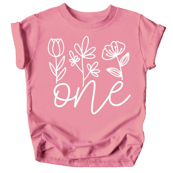 Close-up of white floral One print on military green toddler birthday shirt