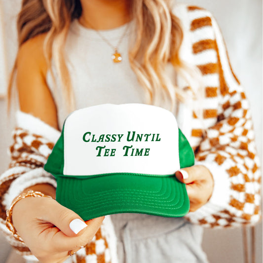Classy Until Tee Time Trucker Hat for Women Sporty Golf Foam Front Classic 5 Panel Mesh Snapback