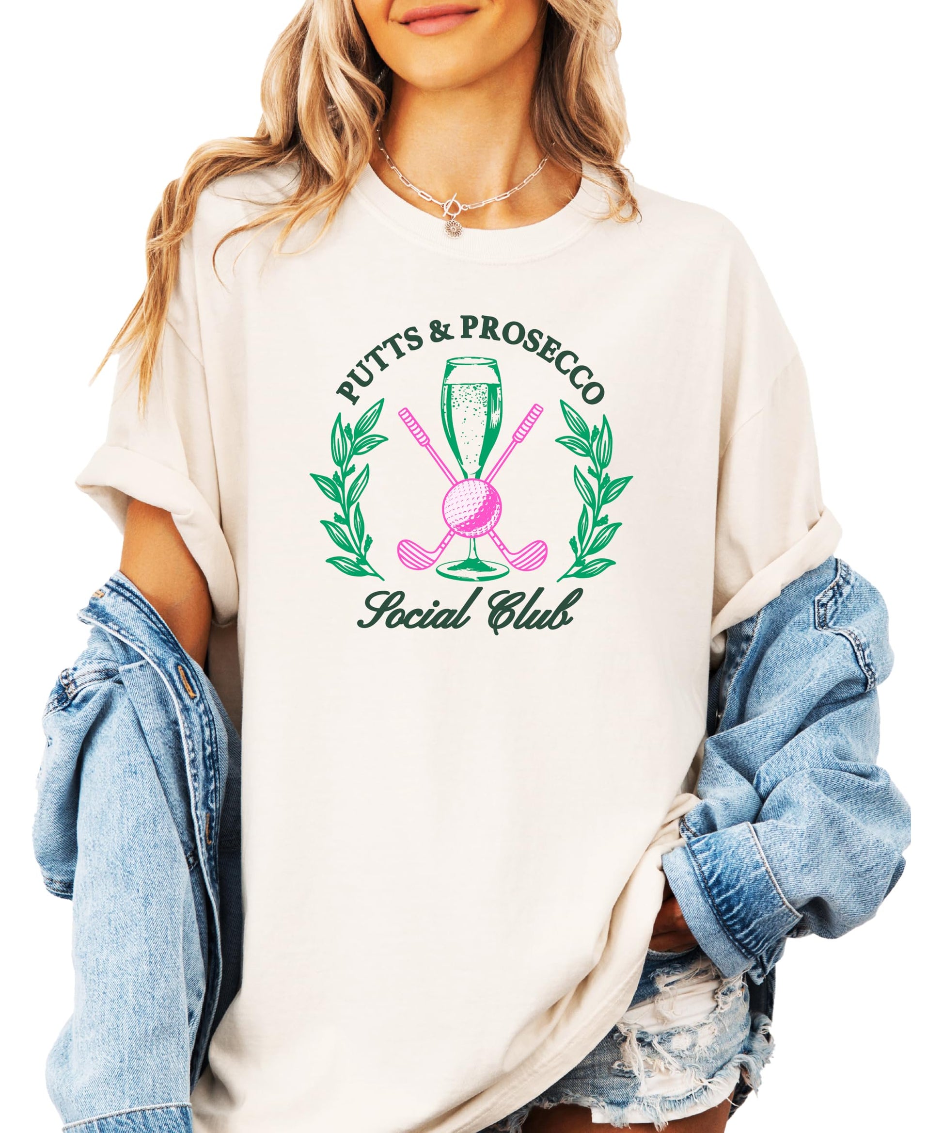 Women's ivory golf graphic t-shirt with Putts and Pros Social Club print, front view