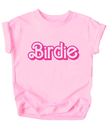 Front view of pink birdie golf graphic tee for women laid flat on a neutral background