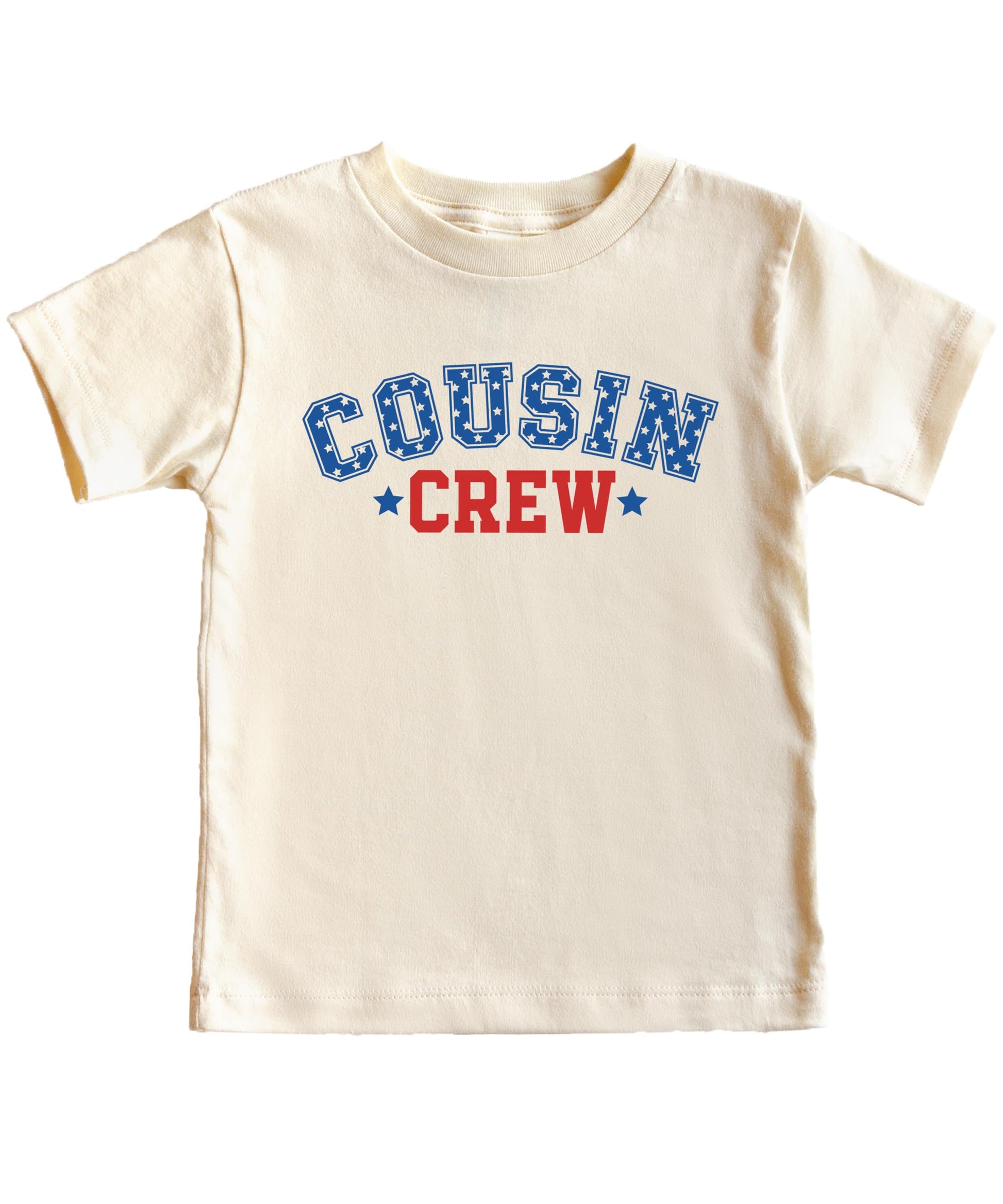 Flat lay of natural kids t-shirt showing full USA Cousin Crew patriotic design