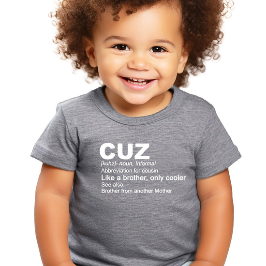 Royal blue cousin matching t-shirt with Cuz Like a Brother Only Cooler text design
