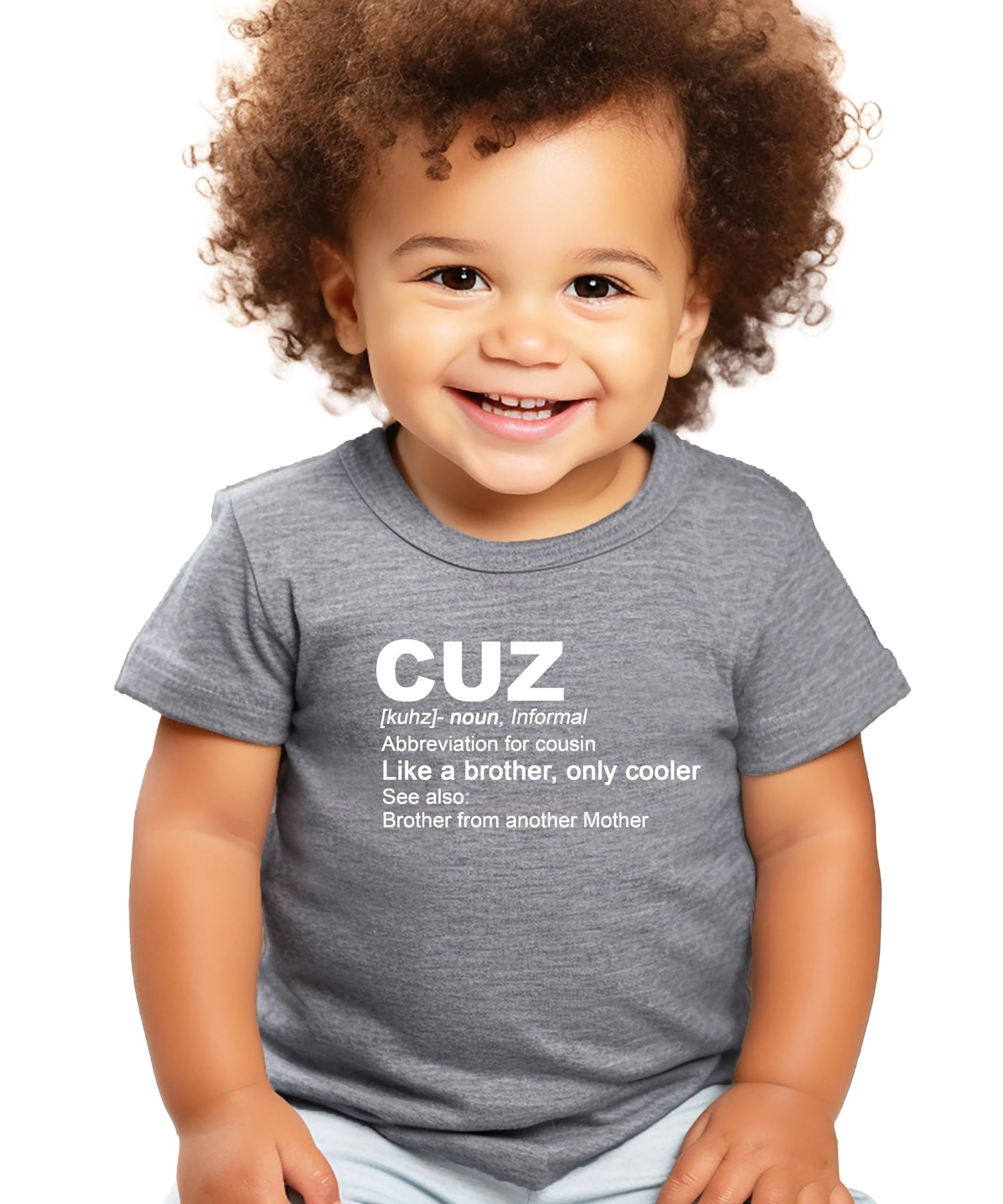 Royal blue cousin matching t-shirt with Cuz Like a Brother Only Cooler text design