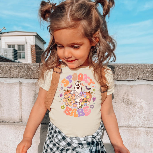 Toddler girl wearing Spooky Babe ghost Halloween tee, front view