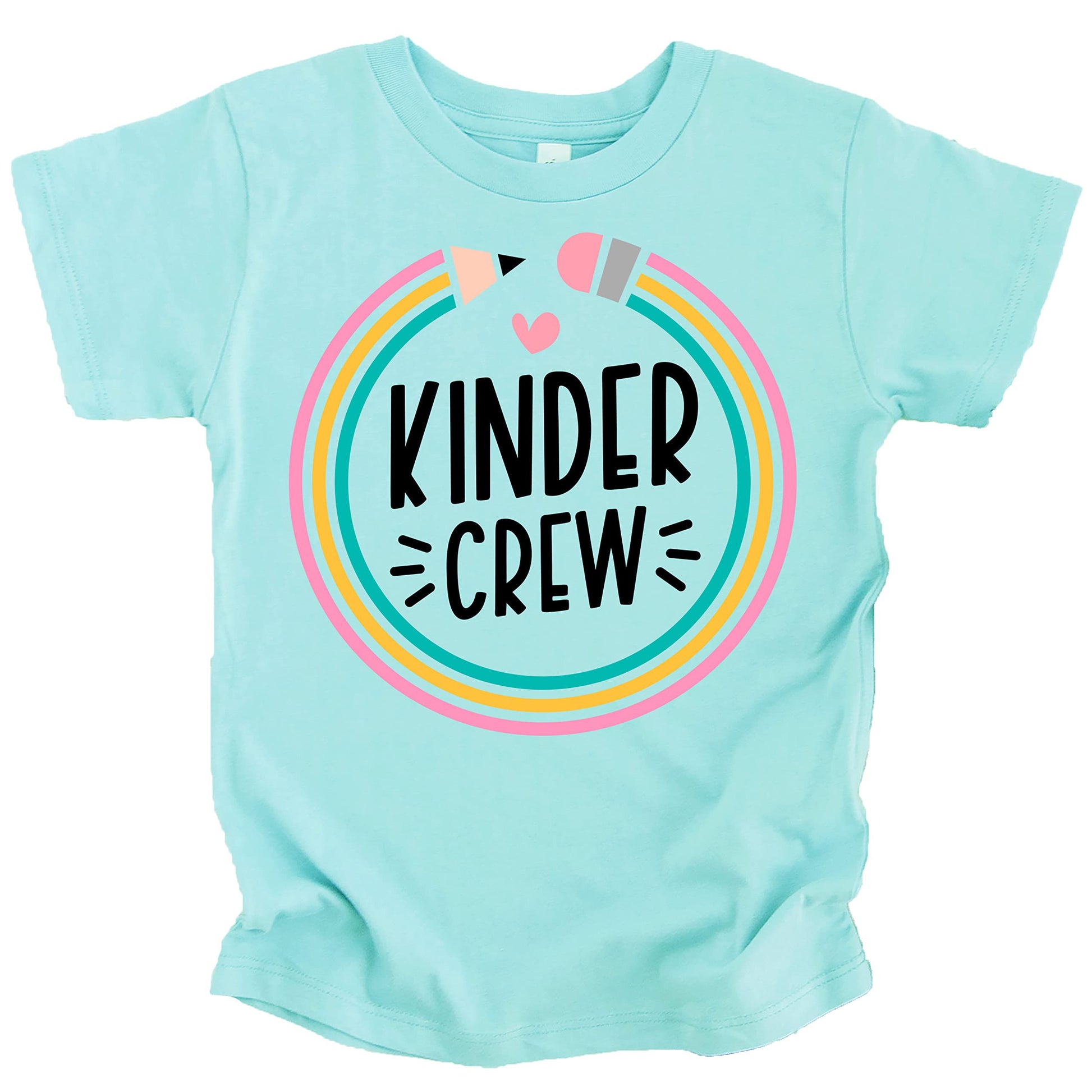 Flat lay of pink youth Kindergarten Crew 1st day of school graphic tee