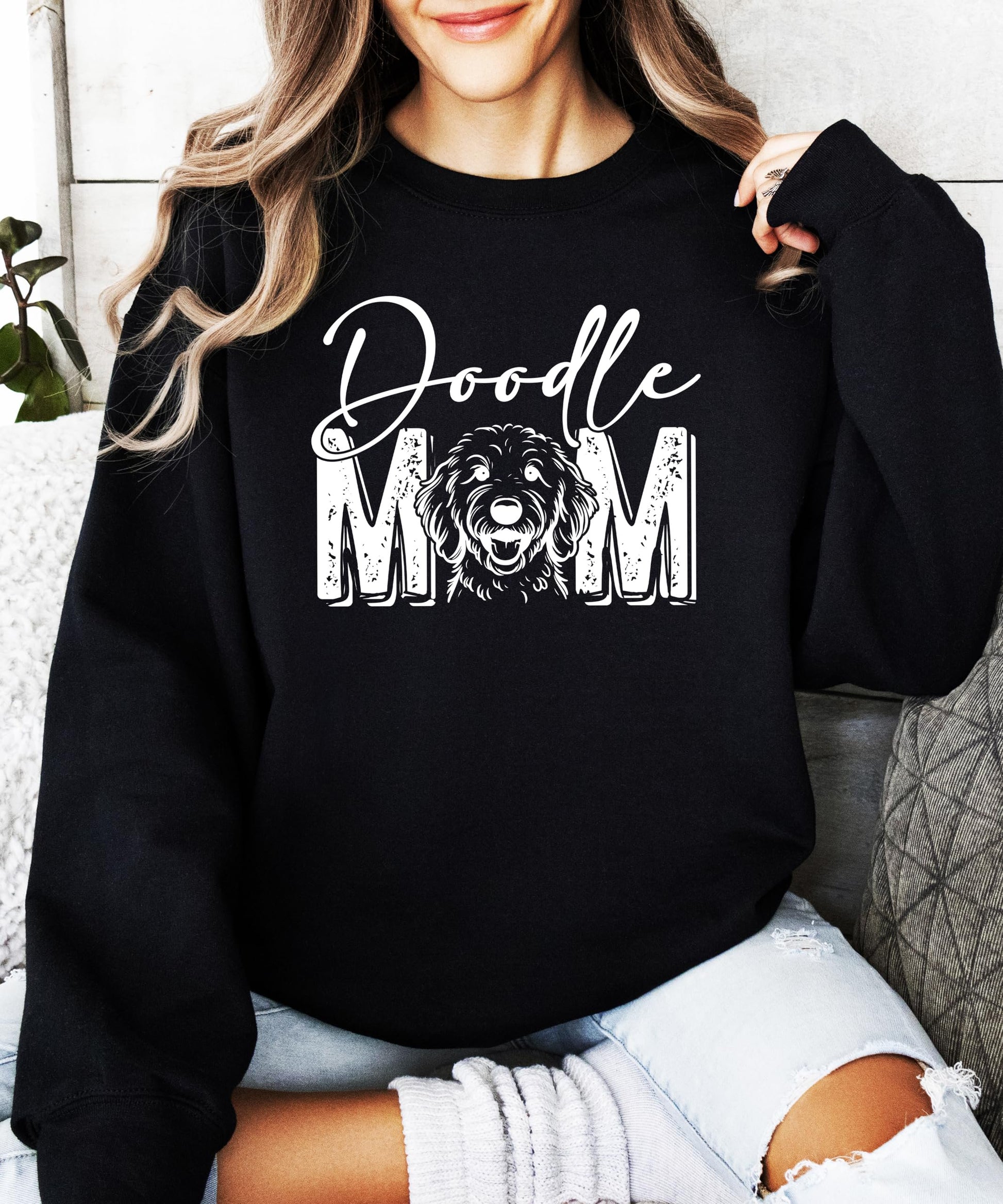 Woman wearing gray Doodle Mom sweatshirt casual lifestyle photo