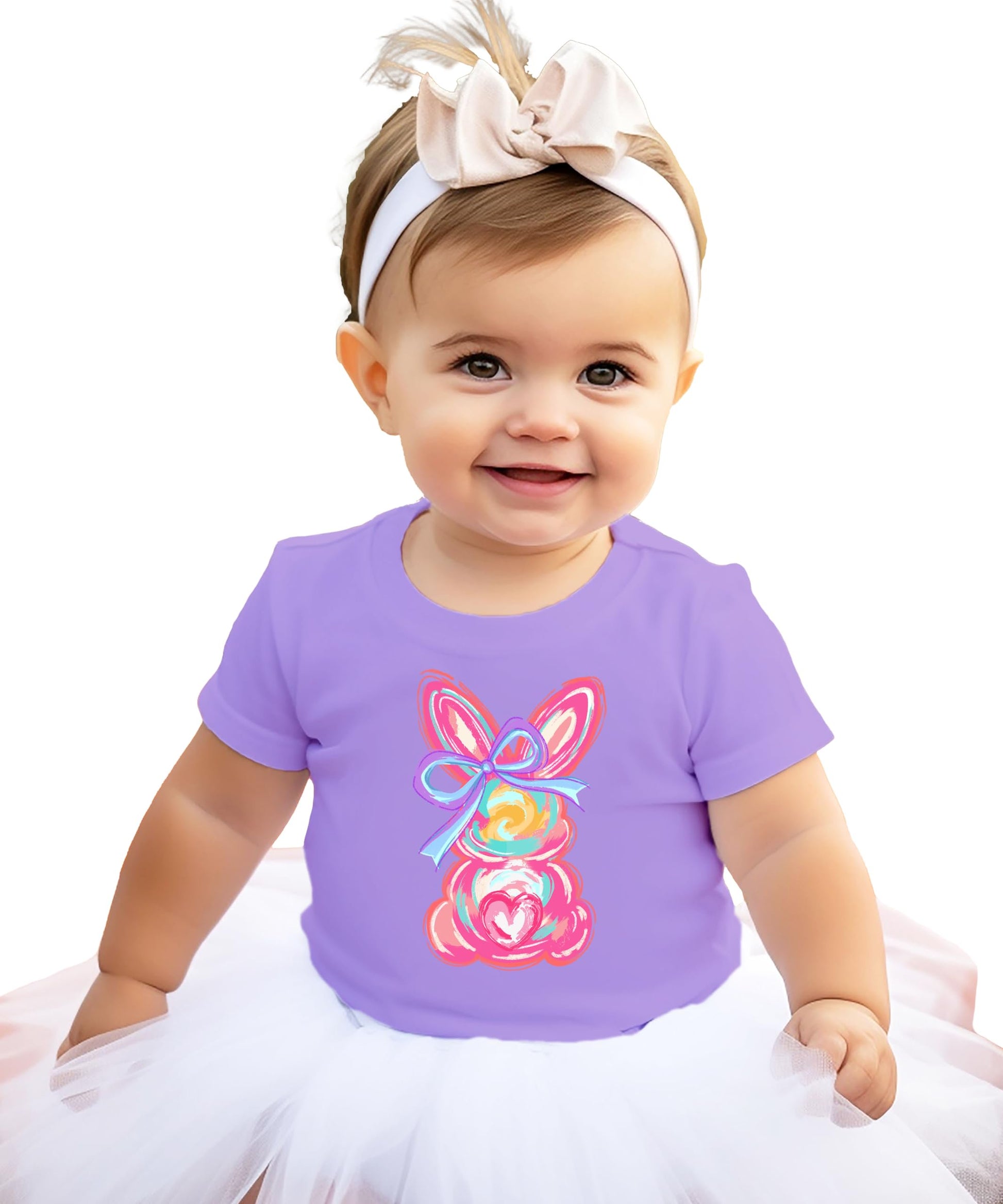 Flat lay of purple kids Easter graphic tee featuring painted bunny and bow design