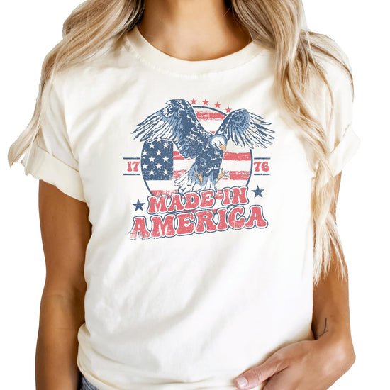 Family matching 1776 patriotic tee in natural color shown on adult model