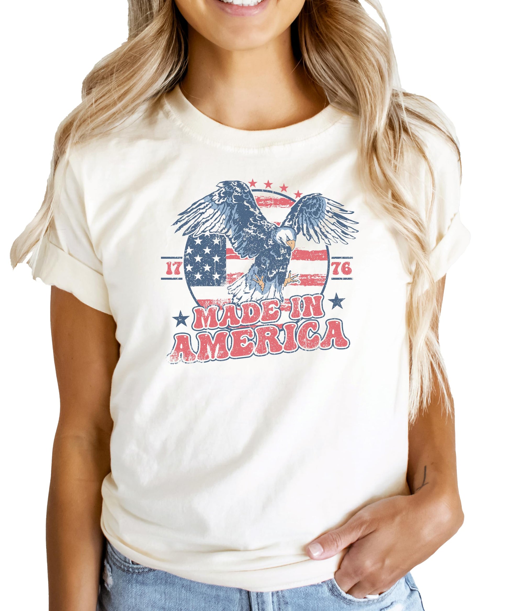 Family matching 1776 patriotic tee in natural color shown on adult model