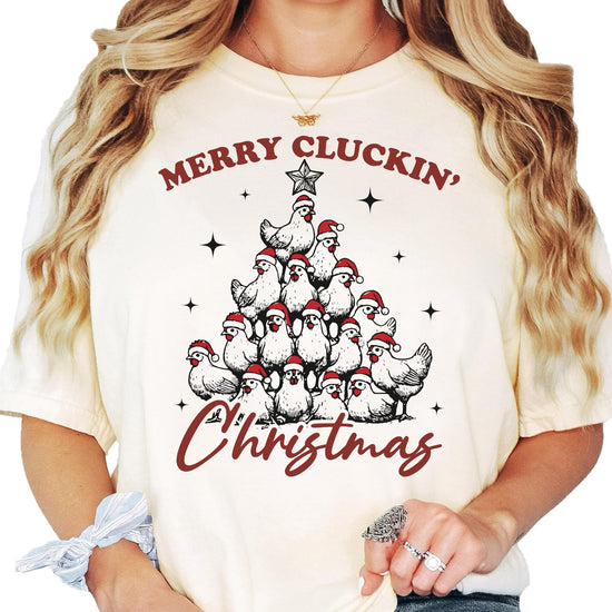 Seafoam women's tee with funny Merry Cluckin' Christmas chicken Christmas tree graphic print