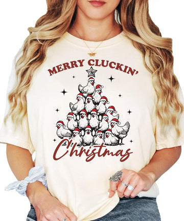 Seafoam women's tee with funny Merry Cluckin' Christmas chicken Christmas tree graphic print