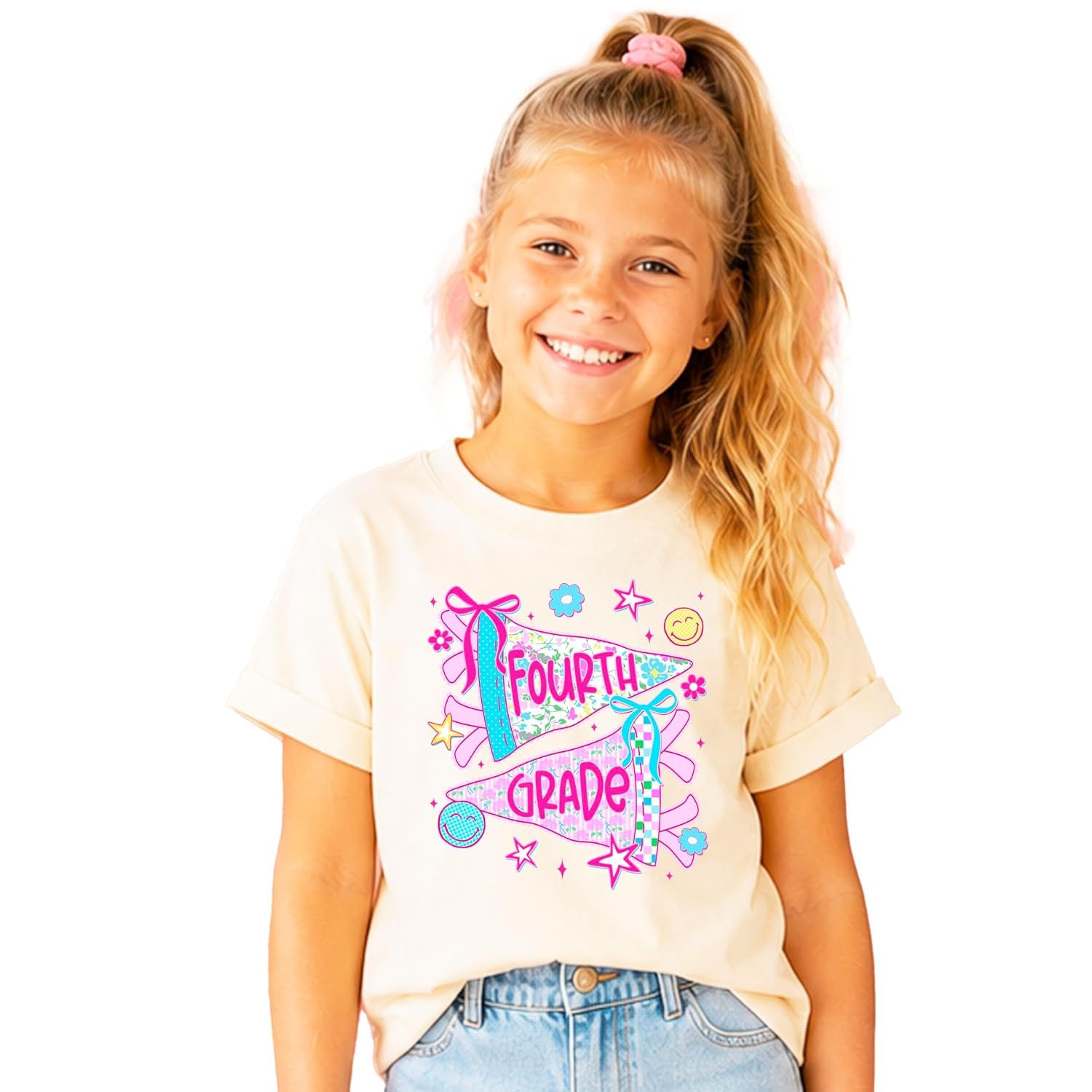 Girls fourth grade shirt with pastel floral pennant banners and coquette bows in pink and natural colorways