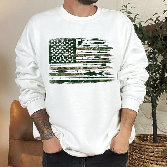 Flat lay of white men's fishing sweatshirt showing patriotic outdoor graphic print