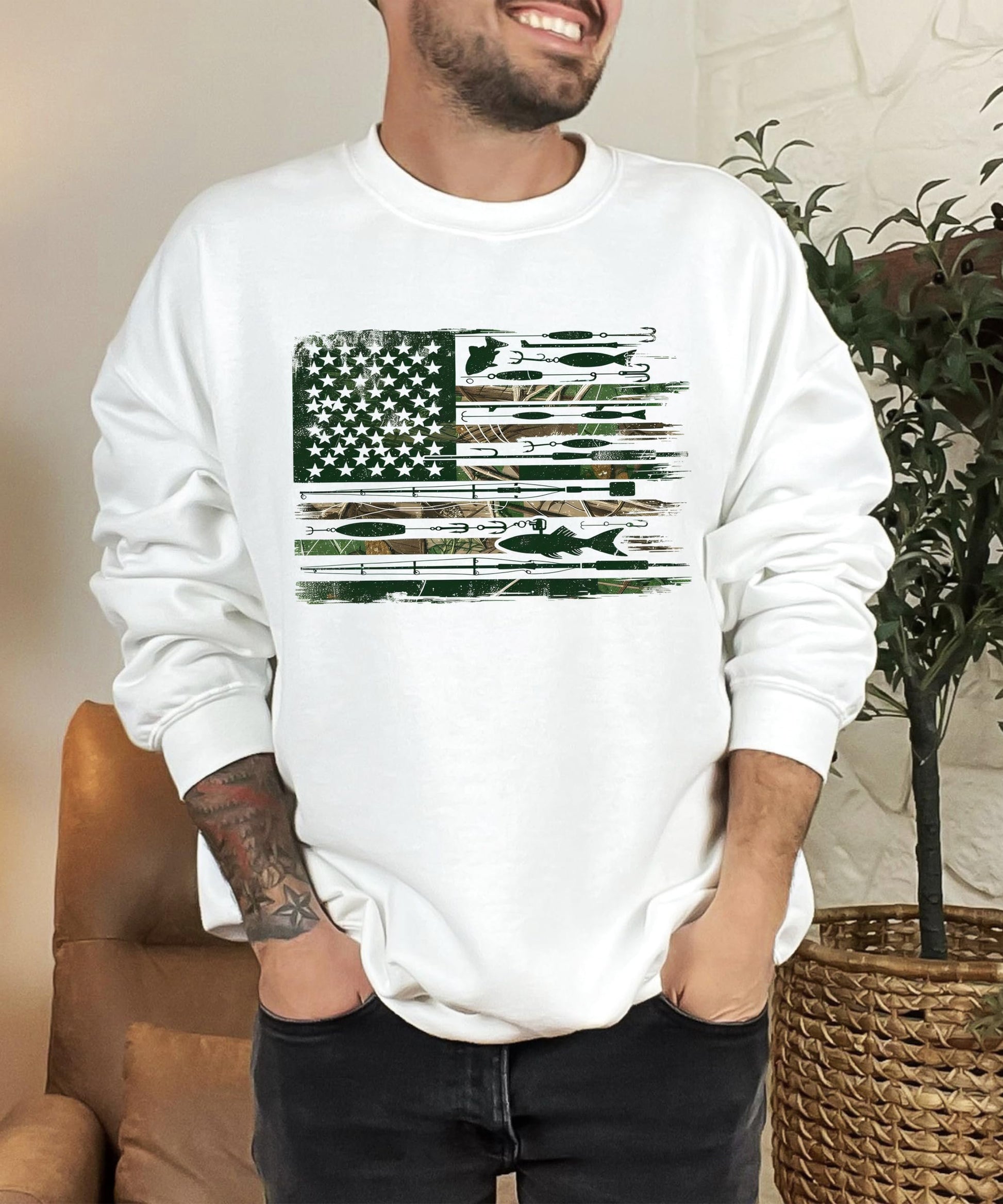 Flat lay of white men's fishing sweatshirt showing patriotic outdoor graphic print