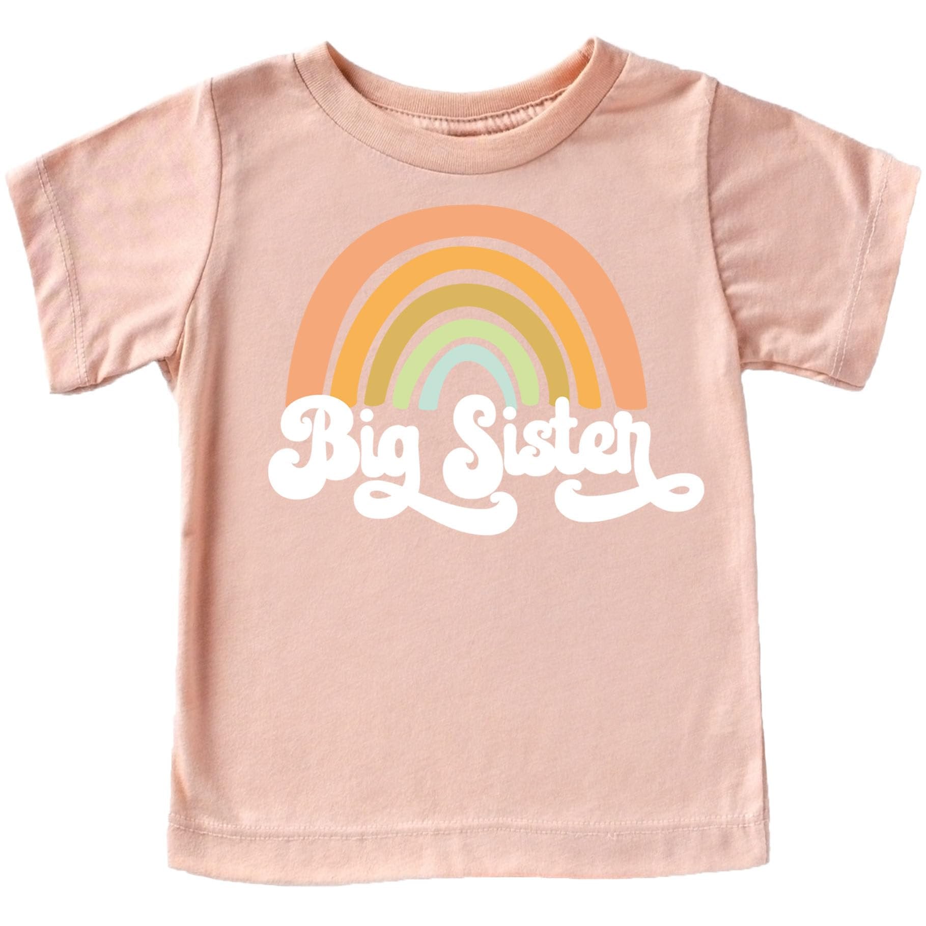 Front view of mauve toddler Big Sister tee featuring retro rainbow and heart sibling reveal design