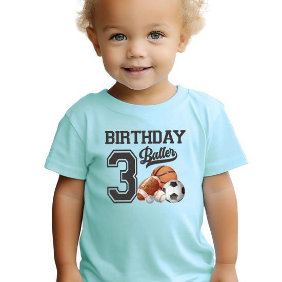 Black toddler tee with Birthday Baller number 3 sports graphic for boys third birthday