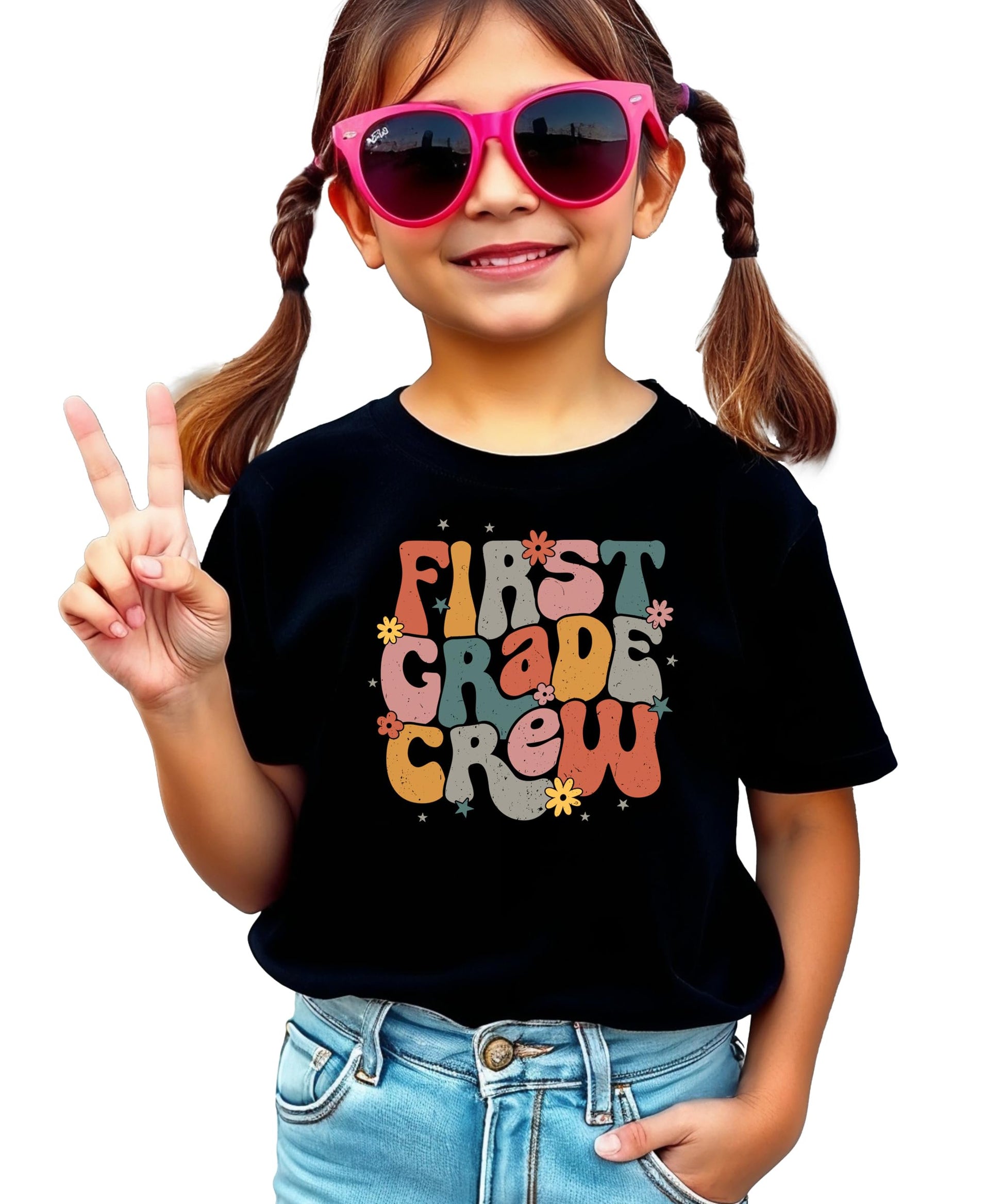 Girls' colorful retro First Grade Crew graphic t-shirt by Olive Loves Apple, front view