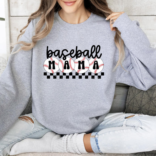 Women modeling checkered baseball mom sweatshirt, casual fit side view