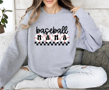 Women modeling checkered baseball mom sweatshirt, casual fit side view
