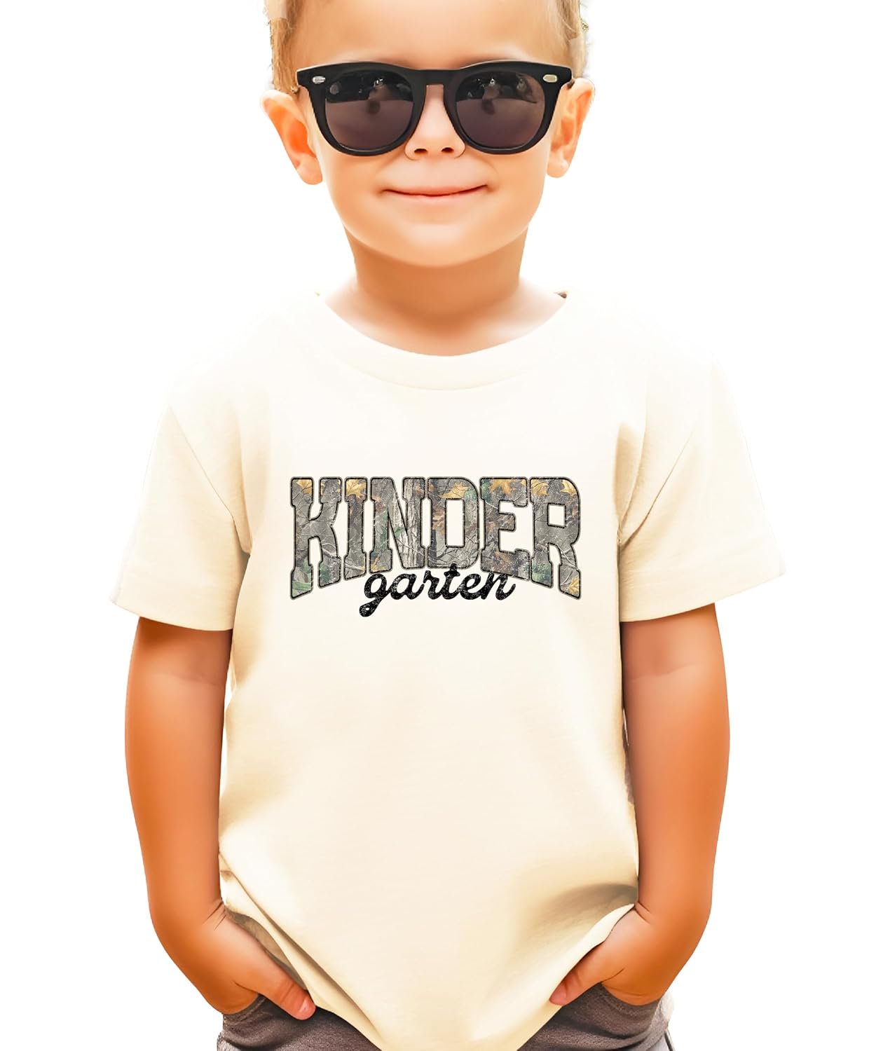 Kids camo Kindergarten tee in pink colorway laid flat showing full graphic design