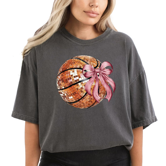 Disco Basketball Shirt for Women & Teens Preppy Pink Coquette Bow B-Ball Oversized Tee