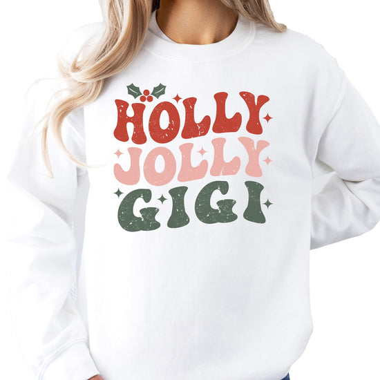 Women's gray Gigi Christmas sweatshirt laid flat showing full Holly Jolly graphic design