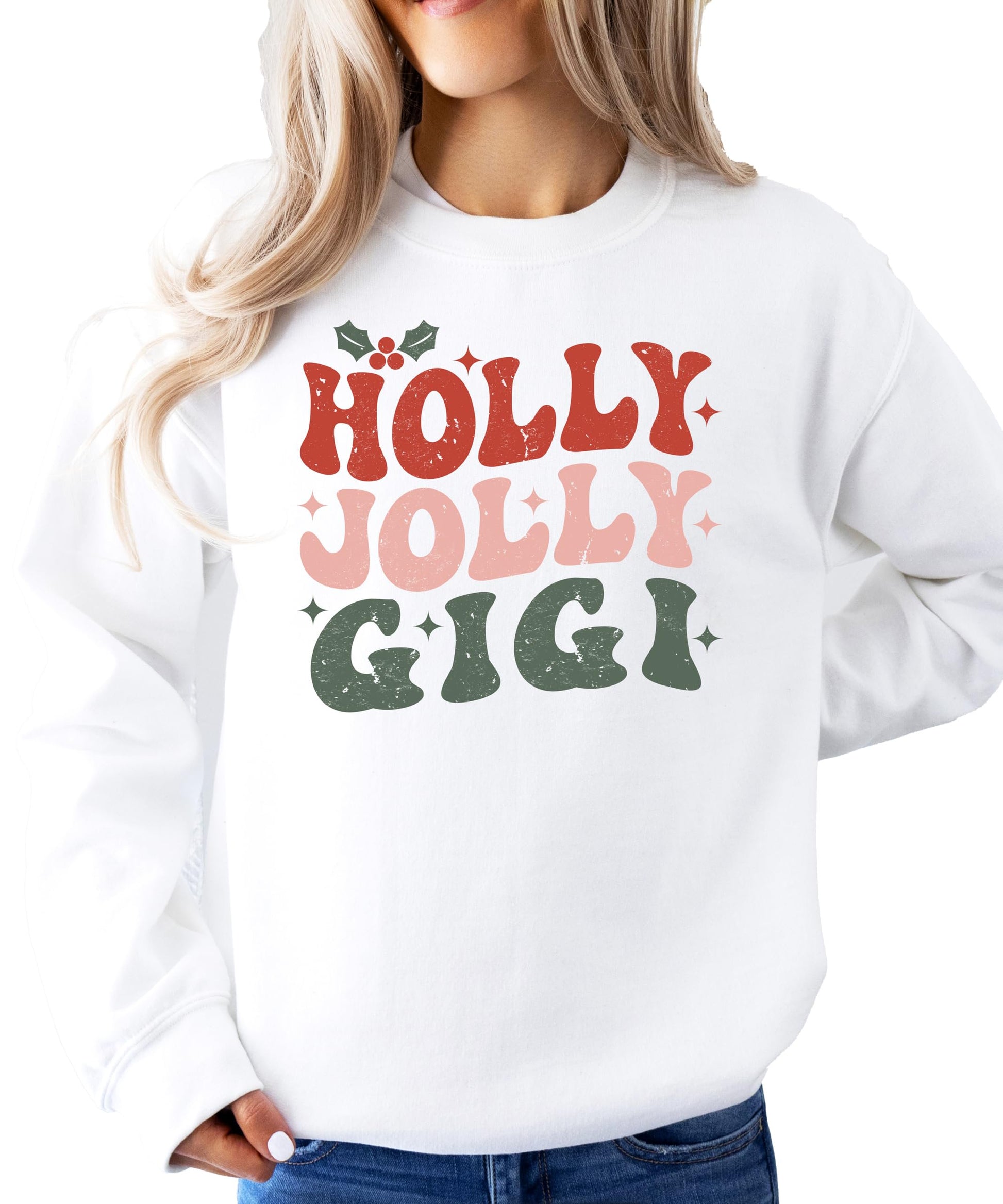 Women's gray Gigi Christmas sweatshirt laid flat showing full Holly Jolly graphic design