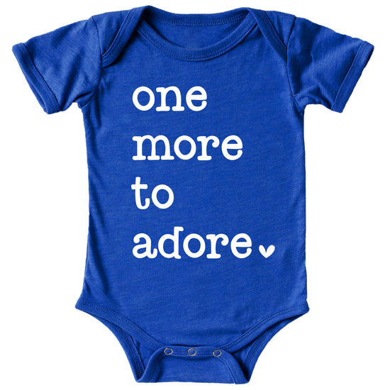 Military green baby bodysuit with white One More to Adore graphic, shown from front