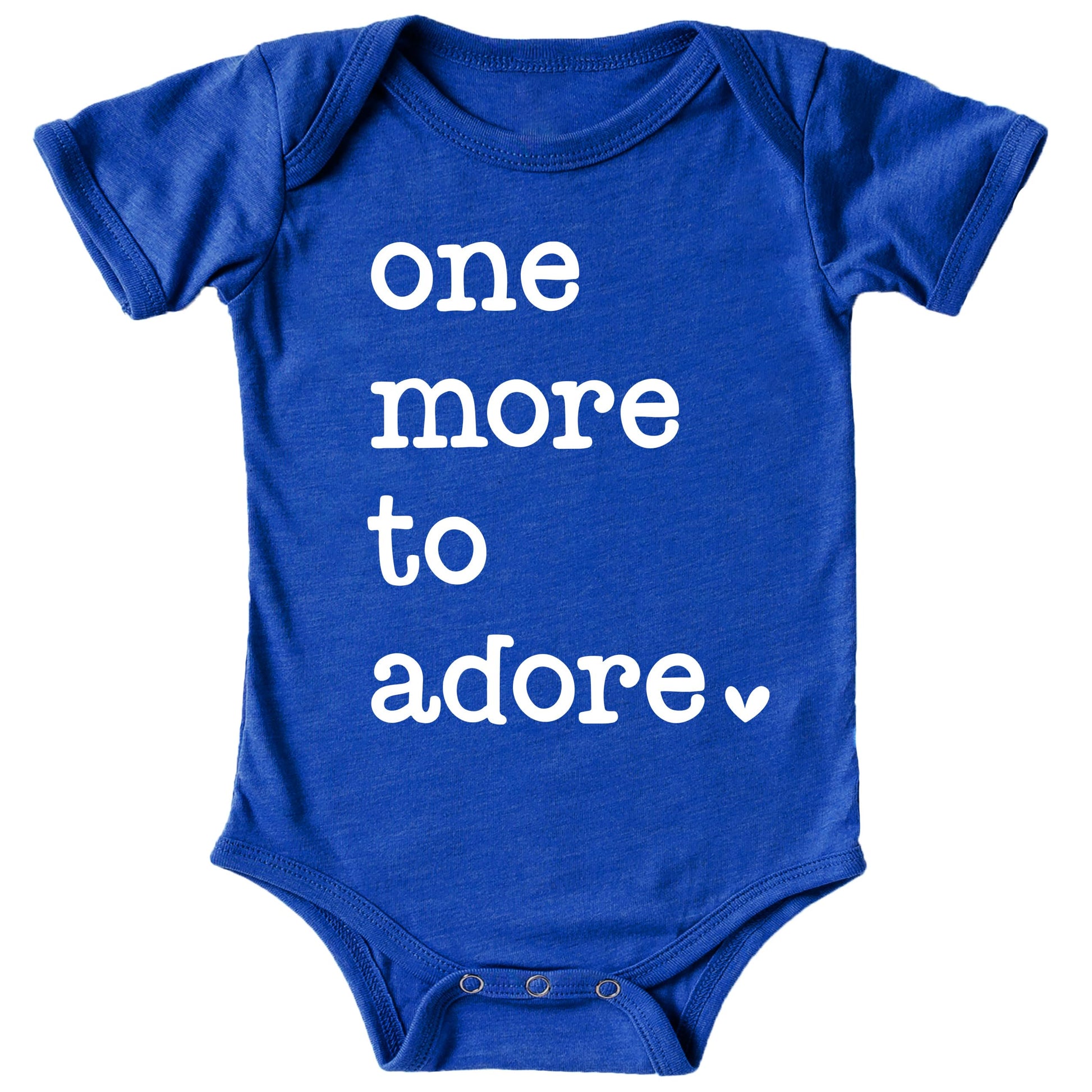 Military green baby bodysuit with white One More to Adore graphic, shown from front