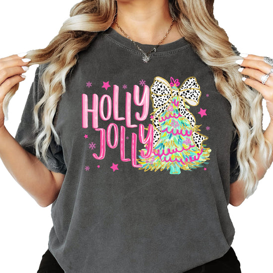 Women's seafoam green Holly Jolly Christmas tee with colorful Christmas tree and bow graphic