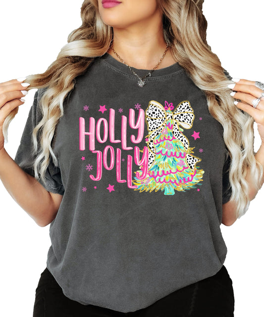 Women's seafoam green Holly Jolly Christmas tee with colorful Christmas tree and bow graphic