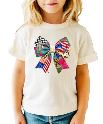 Patriotic Bow 4th of July Shirt for Women Girls Kids Vintage Ribbon Americana Family Matching Tee Natural Shirt Youth Medium