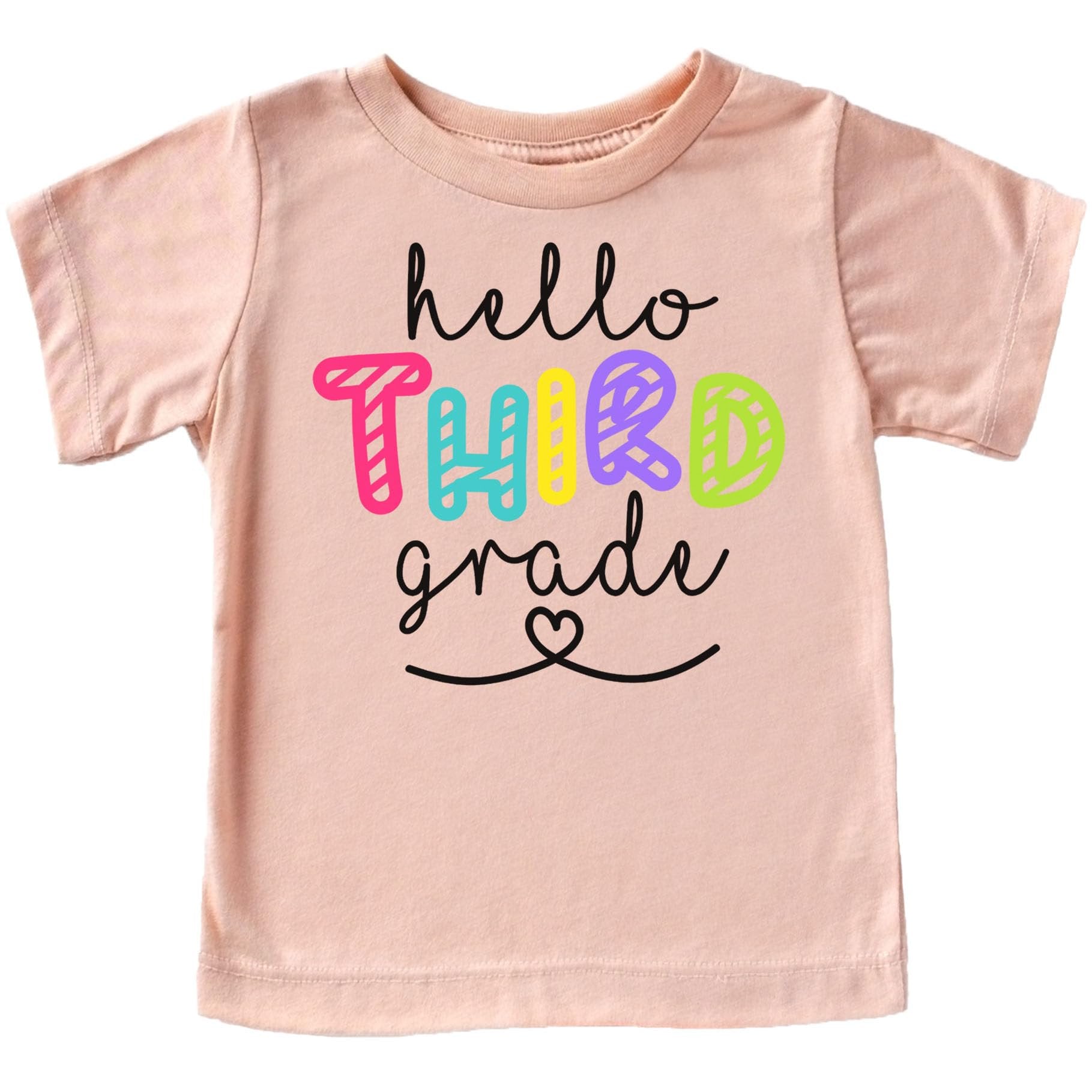 Youth Hello 3rd Grade shirt front view colorful back to school graphic design in pink
