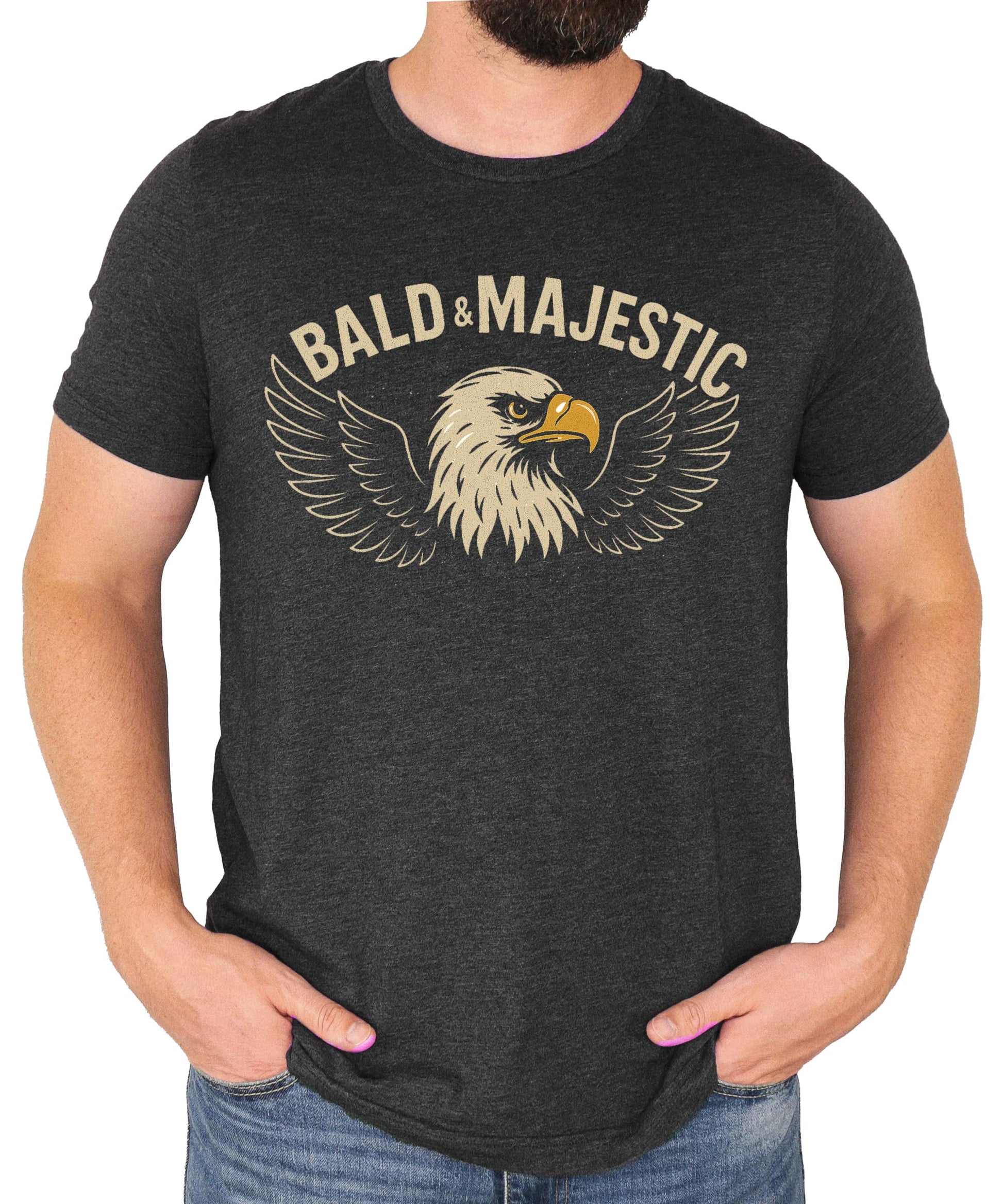 Dark gray heather men's t-shirt with Bald and Majestic bald eagle dad joke graphic printed on the front